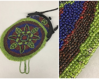 1910s Edwardian Micro Beaded Evening Bag with Bakelite/Celluloid Frame in fall colors. As Is Deaccession