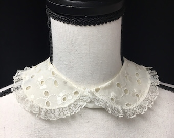 1950s Eyelet Removable Fold over Shirt Collar with White Lace trim, snap closure, 14" neck x 2.5" width