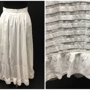 1800s M Antique Petticoat with pocket in soft Cotton fabric, deep tucks and ruffle at hem, 27&quot; Waist