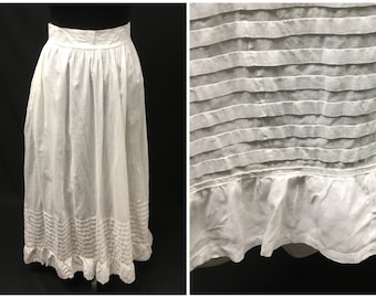 1800s M Antique Petticoat with pocket in soft Cotton fabric, deep tucks and ruffle at hem, 27" Waist