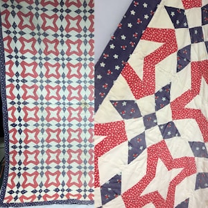 Jaren 1920 Vintage Katoen Americana Patchwork Quilt, OOAK aangepast blok, Rood Wit Blauw ditzy bloemenprints, 68&quot;x86&quot; Twin