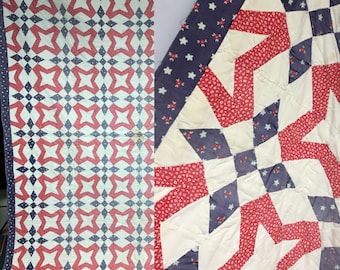 1920s Vintage Cotton Americana Patchwork Quilt, OOAK custom block, Red White Blue ditzy floral prints, 68”x86” Twin
