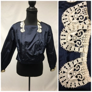 1910s L Antique Edwardian Navy Silk Long Sleeve Blouse, Beige Scallop Lace Trim, snap closures, 38&quot; Bust, 36&quot; Waist