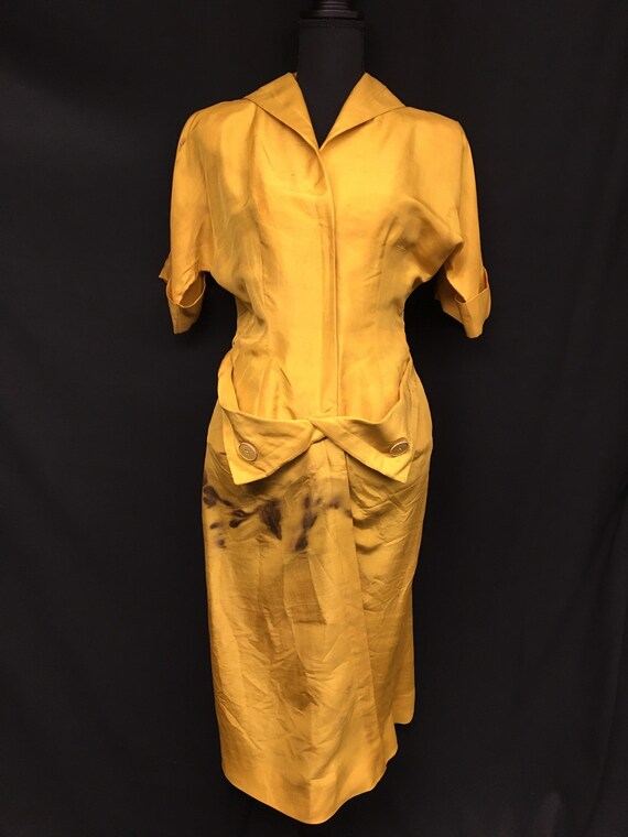 1950s Vintage Yellow Silk Shantung Dolman sleeve … - image 2