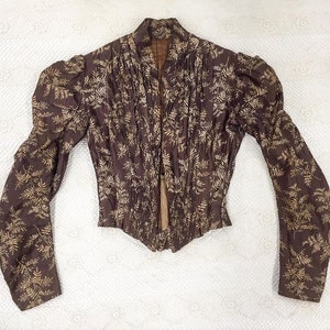 1900s XXS Victorian Cotton Sateen Bodice, Long sleeves, Brown Tan leaves print, Historical costuming, 33 Bust, 23&quot; Waist