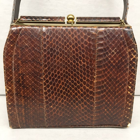 1940s Vintage Brown Snakeskin Top Handle hard fra… - image 3