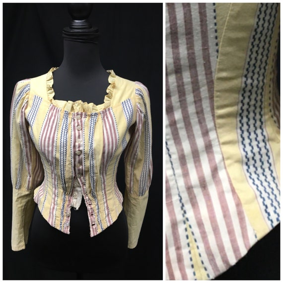 1900s XXS Edwardian Bodice, Yellow Striped Cotton… - image 1