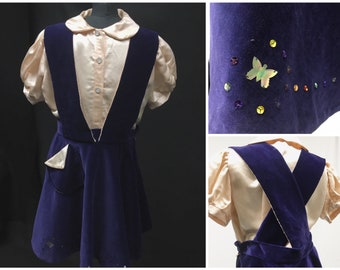1930s Child&#39;s dance costume, majorette baton twirler, Homemade Pink Satin Blouse, Blue Velvet Pinafore Skirt, butterfly sequins, Ages 6-12