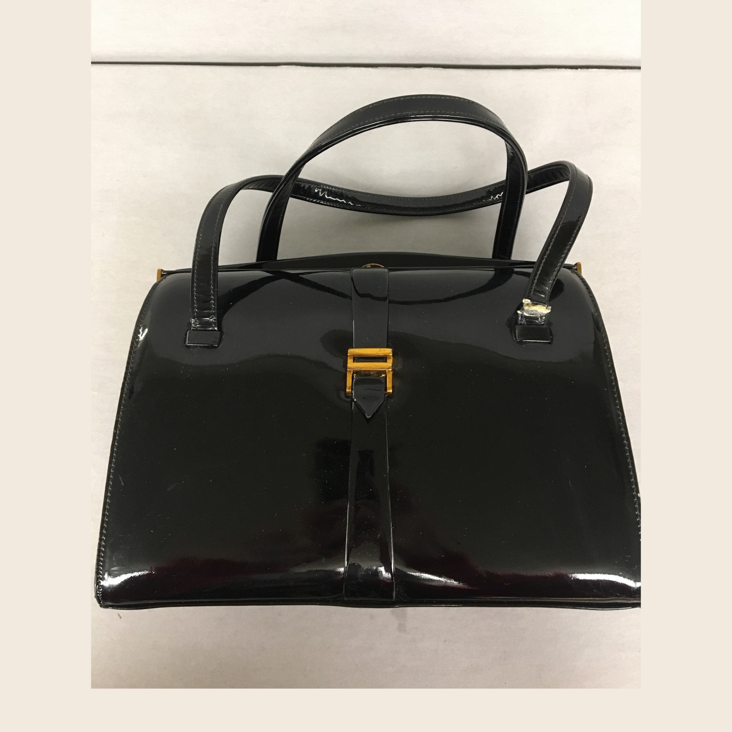 1960s Vintage Black Patent Leather Hard Frame Handbag With Double