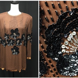 Blusa de chiffon de seda com contas dos anos 1980, top formal de coquetel para festa de ano novo, contas de lantejoulas pretas, strass 38&quot; busto