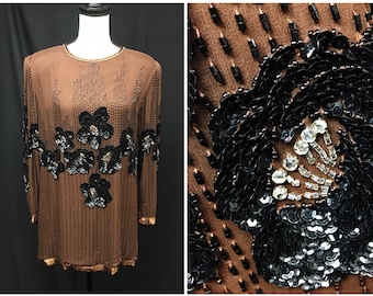 jaren 1980 L kralen zijden chiffon blouse, vakantie Nieuwjaarsfeest cocktail formele top, zwarte pailletten kralen, strass 38" buste