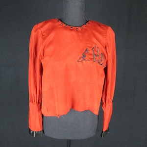 1910s XXS Rust Edwardian Blouse / Top part of dress, Silk Crepe de Chine with Black Satin cuff, monogram, AS IS, Historical costuming