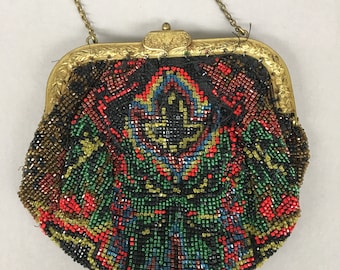 1890s Victorian Art Nouveau Micro Beaded Metal Frame Antique Evening Bag with Multi Rhinestones, As Is Deaccession