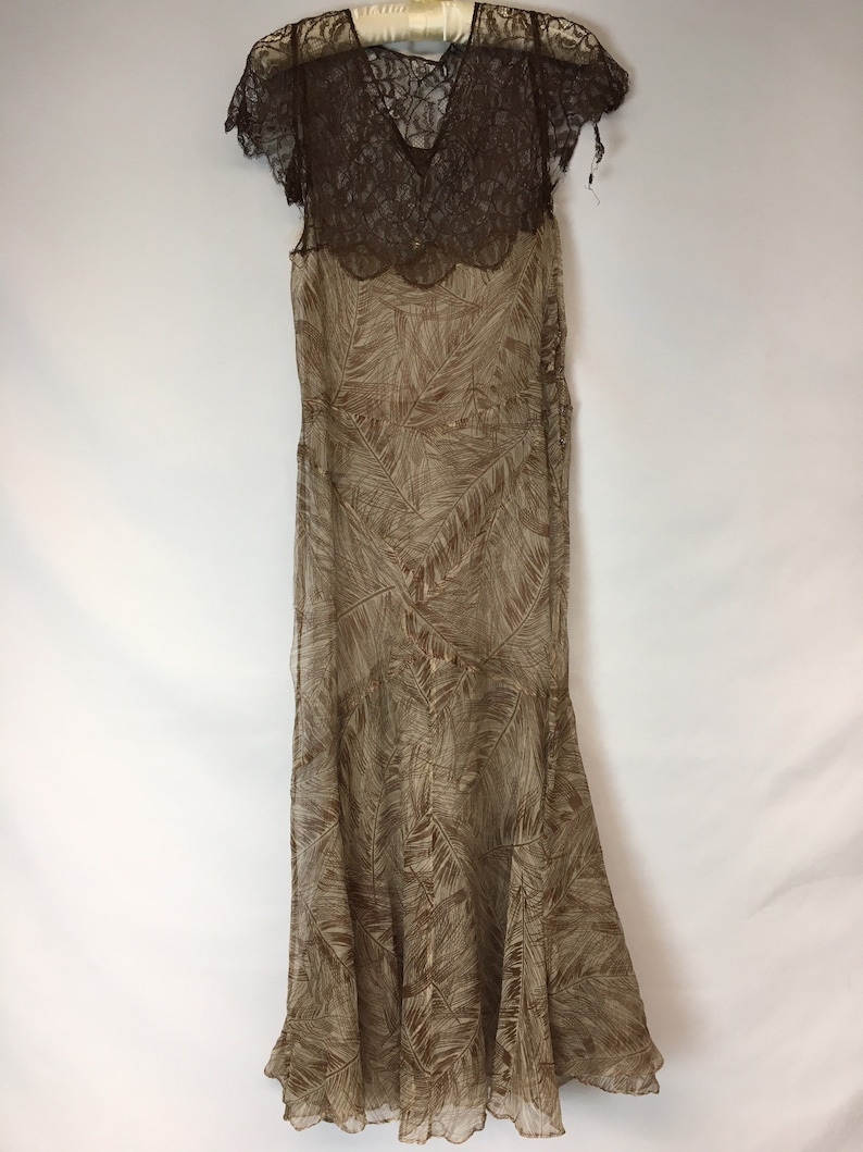 1930s XS Silk Brown Palm Print Dress Restoration project Great Gatsby dress Brown Raschel Lace Silk crinkle chiffon AS IS