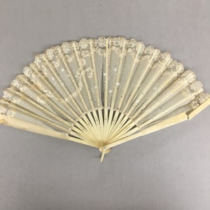 Antique Victorian Folding Hand Fan, Silk Organza Leaf, Carved Bone Sticks/Guards, Hand Painted floral, Sequins, Lace, Wounded AS IS, 9&quot; long