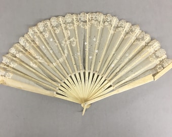 Antique Victorian Folding Hand Fan, Silk Organza Leaf, Carved Bone Sticks/Guards, Hand Painted floral, Sequins, Lace, Wounded AS IS, 9" long