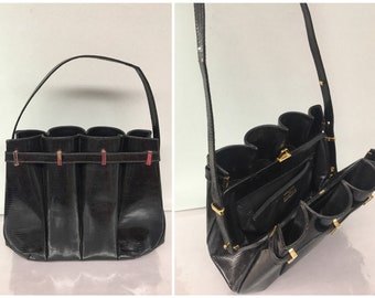 1990s Adjustable Strap Black Lizard Embossed Leather Fluted Handbag, Crossbody/Top Handle, Made in Italy, Silver Gold accents