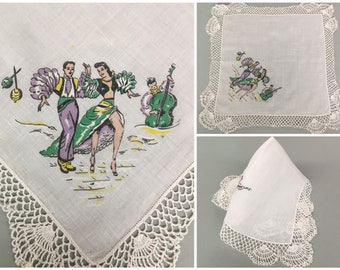 1950s Mardi Gras Mambo Latin dancers printed Hanky, Hand crochet edge, Vintage cotton handkerchief, 14" square