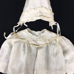 1930s 0-3mo Baby, Cream Silk and Lace handmade Embroidered Vintage Infant Jacket Set, Matching Bonnet