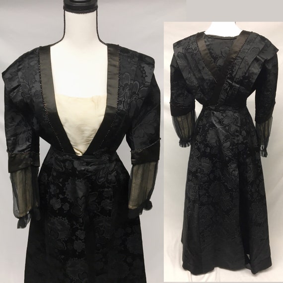 1890s XS Edwardian Petite Black Silk Jacquard wove