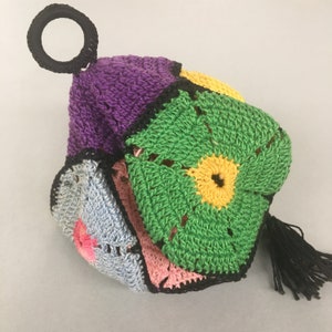 1970s Handmade Crochet Chinese lantern, Multicolored 6 sided pendant, Black rings and tassel, Bohemian Home decor hanging