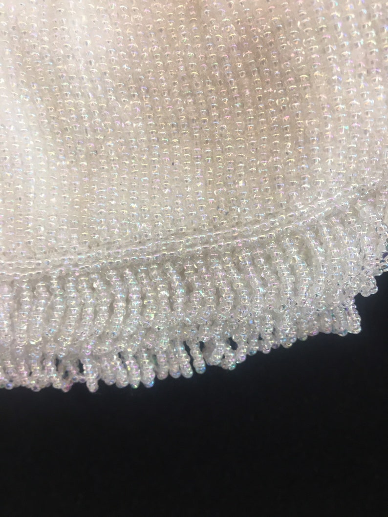 1950s beaded white satin evening handbag, Iridescent rainbow clear beads, made in Japan by Magid image 5