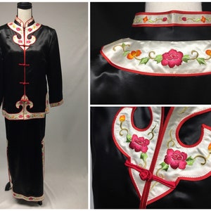 1990s XL Black Satin White Borders Red Piping Floral Embroidered Jacket Skirt Set, Tang Suit Chinese Traditional Costume, 40" Bust