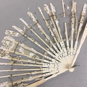 1900s Antique Shabby Folding Hand Fan, Carved Bone Sticks/Guards Silver dots, Crumbling leaf, AS IS for repair/restoration, 10&quot; long