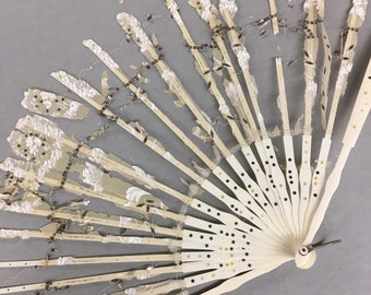 1900s Antique Shabby Folding Hand Fan, Carved Bone Sticks/Guards Silver dots, Crumbling leaf, AS IS for repair/restoration, 10" long