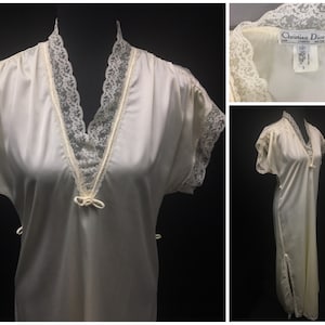 1980s S Christian Dior Cream satin nightgown, V-neckline, rose trim, Cap sleeve, floor length, Saks Fifth Avenue, 38&quot; Bust