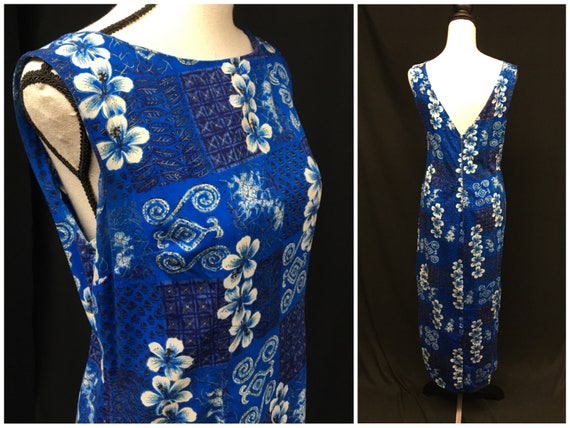 1960s S Blue Hawaii Wiggle Dress, White Hibiscus … - image 1