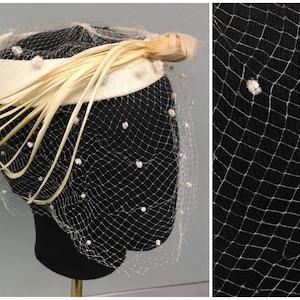 1950s Cream organza fabric open pillbox hat, netting veil w Velvet dots, Church hat Sunday best, 20&quot; around