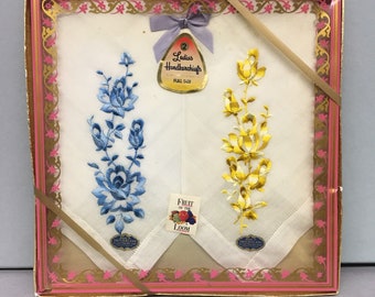 1950s Pair of white Cotton hankies, Blue and yellow embroidered roses, Fruit of the Loom, 10” square, Deadstock, New in Original Box