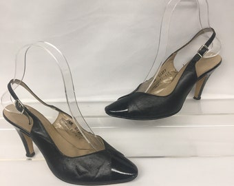 1980s does 50s 5 1/2M Black Leather / Patent Leather Sling-back High Heels, Adjustable buckle, 3.25" heel, US 5.5, EU 35.5, UK 3.5