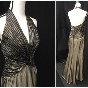 1980s S Bronze Lame Halter Gown, Vintage Formal Old Hollywood style Cocktail Dress, Holiday New Years Party 34” B, 27&quot; W