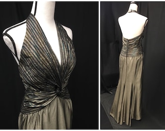 1980s S Bronze Lame Halter Gown, Vintage Formal Old Hollywood style Cocktail Dress, Holiday New Years Party 34” B, 27" W