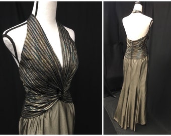 1980s S Bronze Lame Halter Gown, Vintage Formal Old Hollywood style Cocktail Dress, Holiday New Years Party 34” B, 27" W