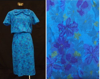 1960s XS Wiggle Dress Turquoise Ikat Floral Print on Cotton, Hand Sewn Vintage dress, long waisted, 34" Bust, 24" Waist