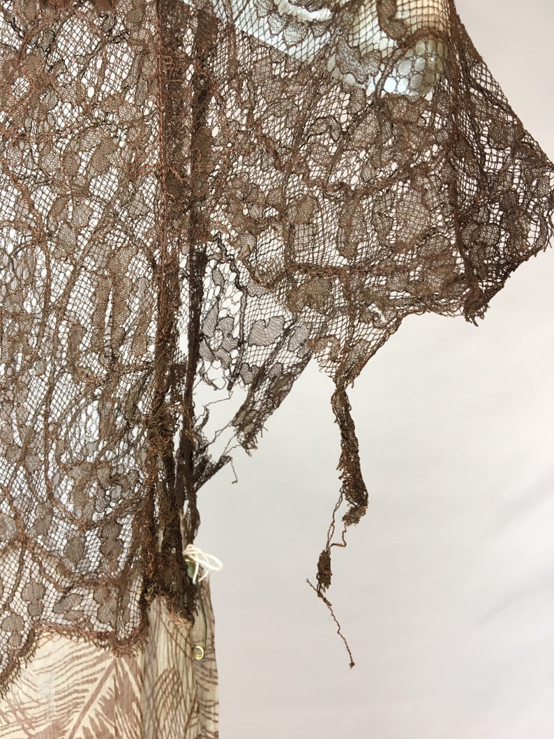1930s XS Silk Brown Palm Print Dress Restoration project Great Gatsby dress Brown Raschel Lace Silk crinkle chiffon AS IS