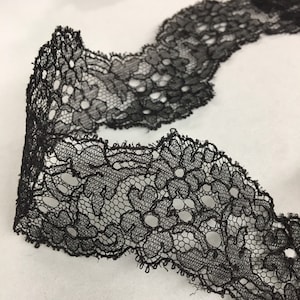 3 piezas de encaje Chantilly floral negro antiguo francés, borde de vieira de doble galón, hecho a máquina, 2,5" x 1,5 yardas en total