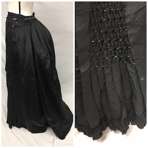 1880s XS Black Silk Faille Bustle Skirt, Heavy Winter, Ruffles, Smocking, Jet beads, Historical costume AS IS for study or reconstruction