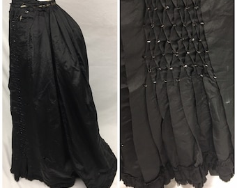 1880s XS Black Silk Faille Bustle Skirt, Heavy Winter, Ruffles, Smocking, Jet beads, Historical costume AS IS for study or reconstruction