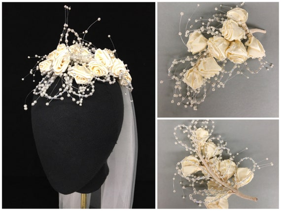 1980s Bridal Headpiece Kit, Pair of Matching Bouquets, Cream  display picture 3