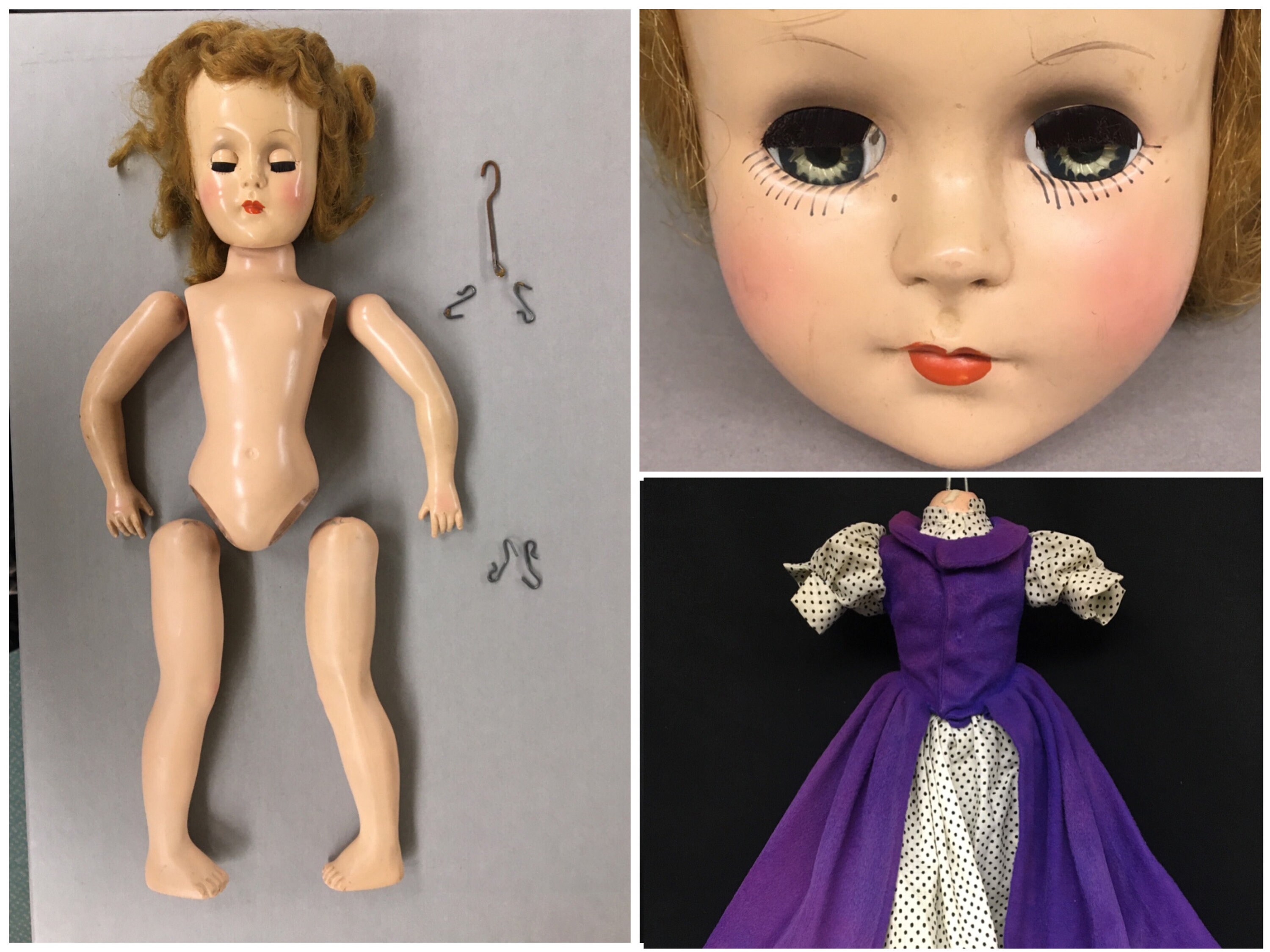 1950s 17" Vintage Doll in parts, Fair skin, Golden hair, Sleepy Green eyes, Purple dress, Swiss dot shirt, pantaloon, hoop skirt petticoat
