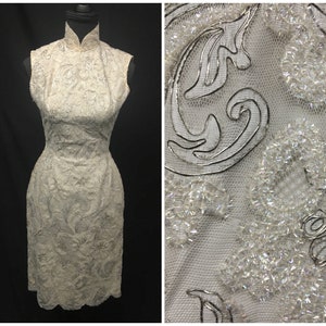 60s XS Cream Wiggle Dress with eyelash and silver metallic embroidery, high neck mini dress, vintage sheath dress, 34&quot; bust, 24&quot; waist