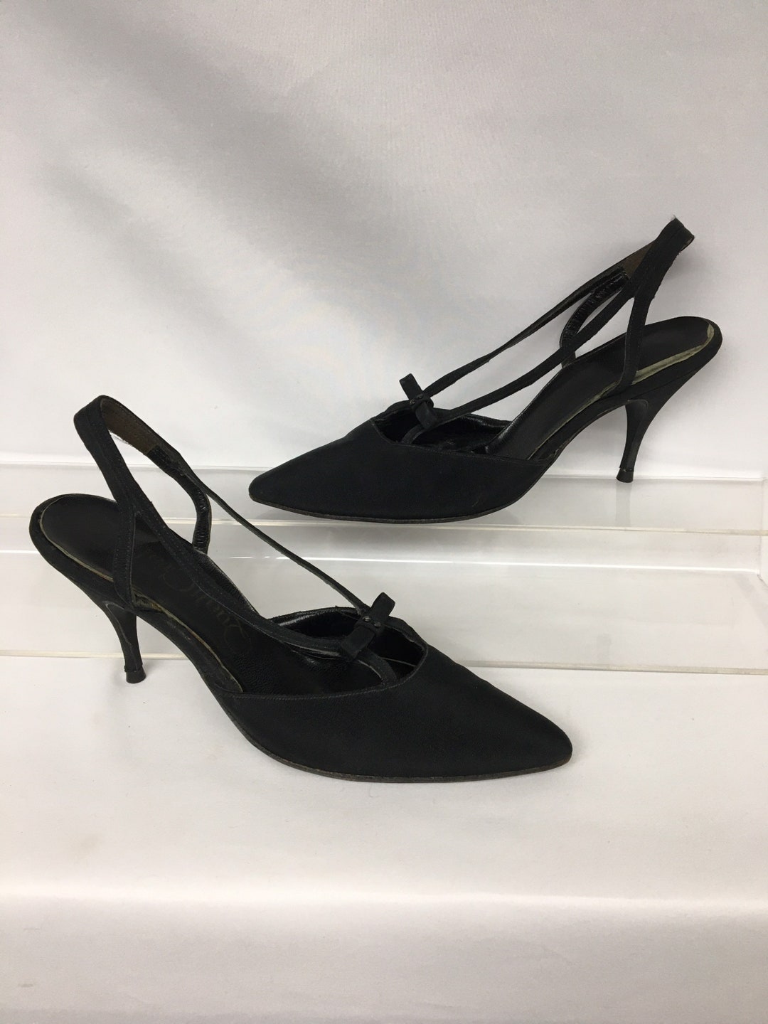 1960s 6 1/2 Black Faille Pointy Toe Strappy Vintage Heels