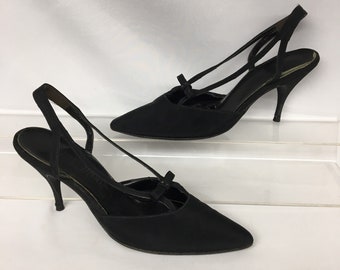 1960s 6 1/2 Black Faille Pointy Toe Strappy Vintage Heels, Bow /Rhinestone accent by Qualicraft, Heel Height: 3.5" - US 6.5, EU 36.5, UK 4.5