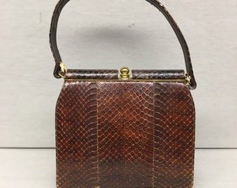 1940s Vintage Brown Snakeskin Top Handle hard framed purse, zip pocket inside