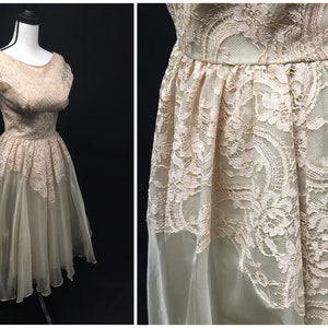 1950s XS Vintage Pink Party Dress, Pink lace and organza over taffeta, Bust 34, Waist 26, 50s cocktail dress