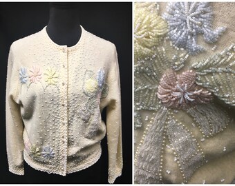 1950s L Hand Beaded Cardigan Sweater with 3/4 Sleeves, Pastel color seed beads, pearl buttons, Hong Kong, 40" bust, 38" waist